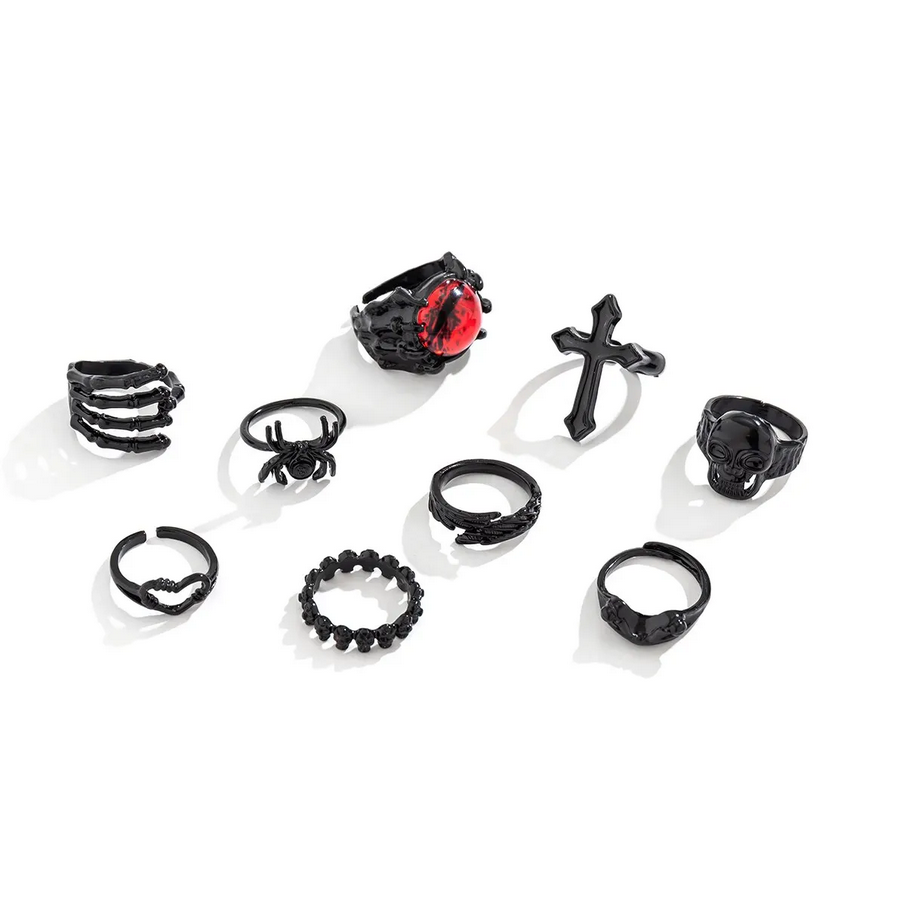 9Pcs Goth Black Devil Eye Skull Spider Palm Rings Set