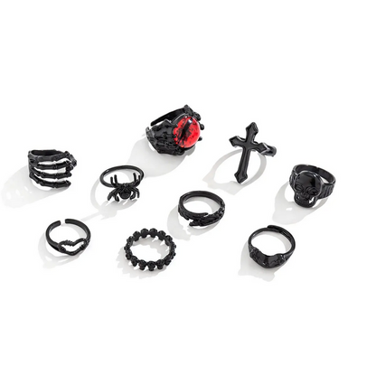 9Pcs Goth Black Devil Eye Skull Spider Palm Rings Set