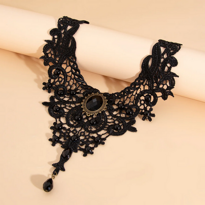 Vintage Gem Black Lace Bead Necklace Gothic Steampunk Style Jewelry
