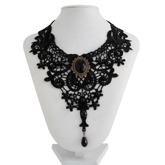 Vintage Gem Black Lace Bead Necklace Gothic Steampunk Style Jewelry