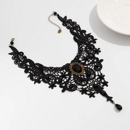 Vintage Gem Black Lace Bead Necklace Gothic Steampunk Style Jewelry
