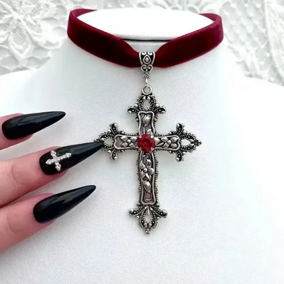 Classic Gothic Large Cross Shaped Black Velvet Choker Necklace