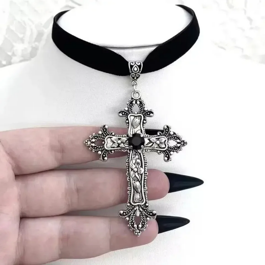 Classic Gothic Large Cross Shaped Black Velvet Choker Necklace