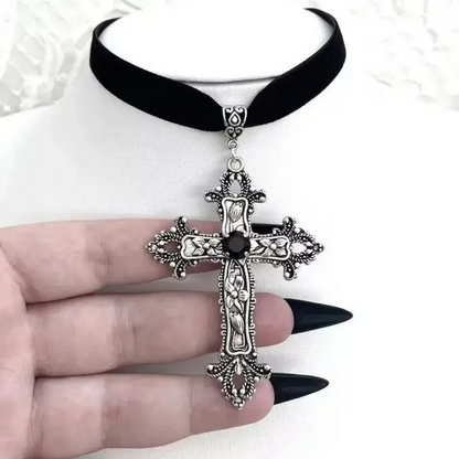 Classic Gothic Large Cross Shaped Black Velvet Choker Necklace