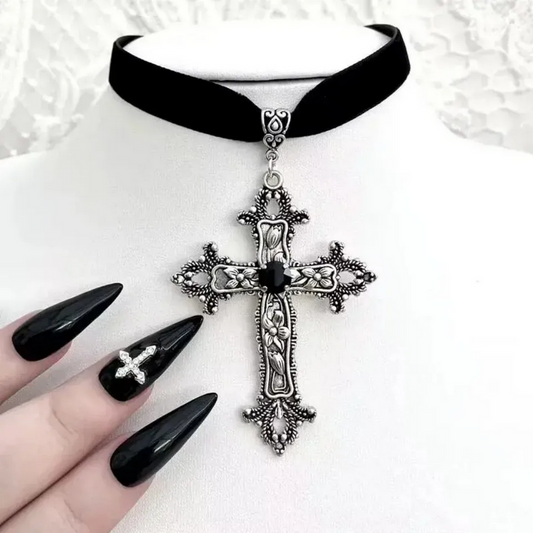 Classic Gothic Large Cross Shaped Black Velvet Choker Necklace