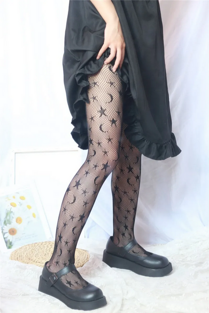 Sexy JK Fishnet Stockings Black Star Moon Pattern Tights