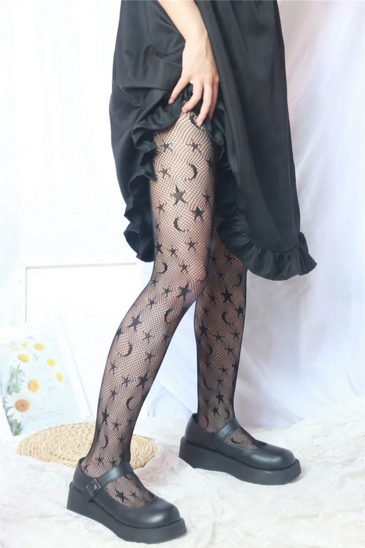 Sexy JK Fishnet Stockings Black Star Moon Pattern Tights