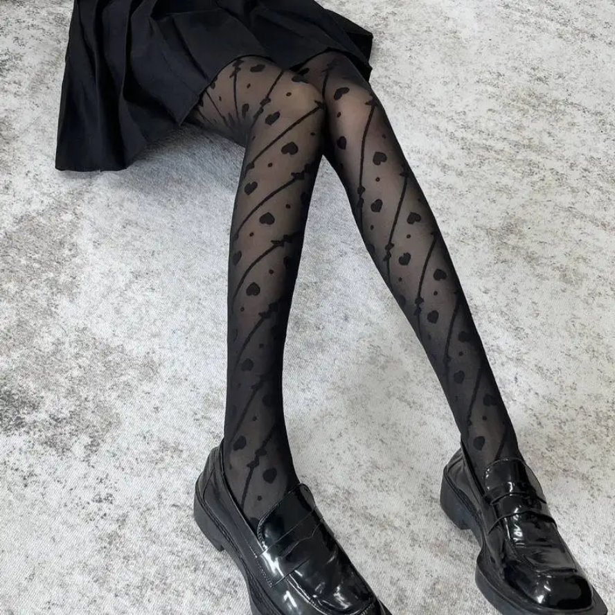 Sexy Women Heart Print Tights - Black Lolita Pantyhose with Romantic Pattern