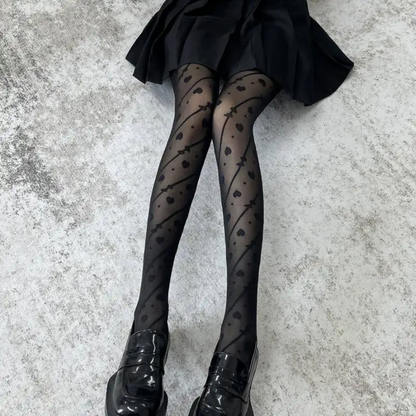 Sexy Women Heart Print Tights - Black Lolita Pantyhose with Romantic Pattern