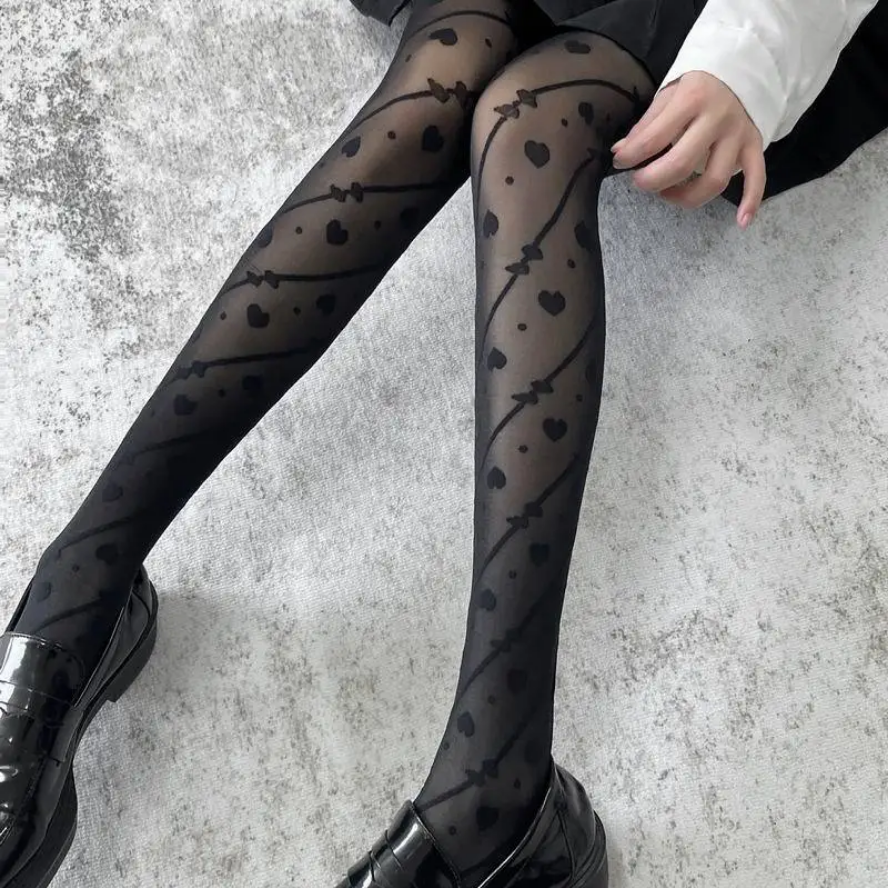 Sexy Women Heart Print Tights - Black Lolita Pantyhose with Romantic Pattern