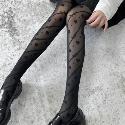 Sexy Women Heart Print Tights - Black Lolita Pantyhose with Romantic Pattern