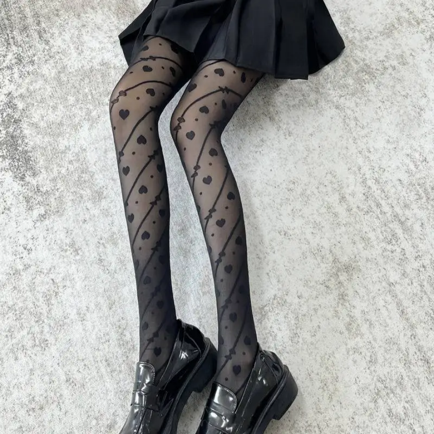 Sexy Women Heart Print Tights - Black Lolita Pantyhose with Romantic Pattern
