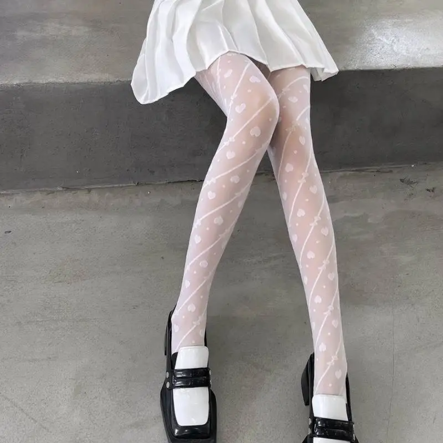 Sexy Women Heart Print Tights - Black Lolita Pantyhose with Romantic Pattern
