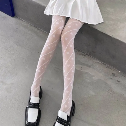 Sexy Women Heart Print Tights - Black Lolita Pantyhose with Romantic Pattern