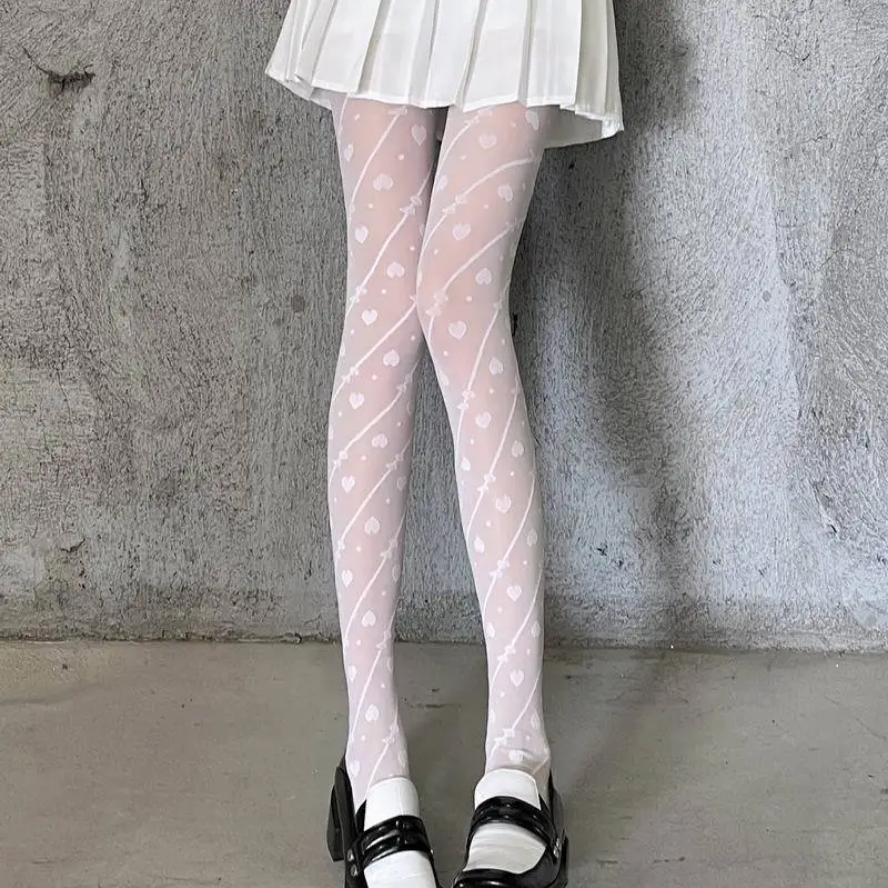 Sexy Women Heart Print Tights - Black Lolita Pantyhose with Romantic Pattern