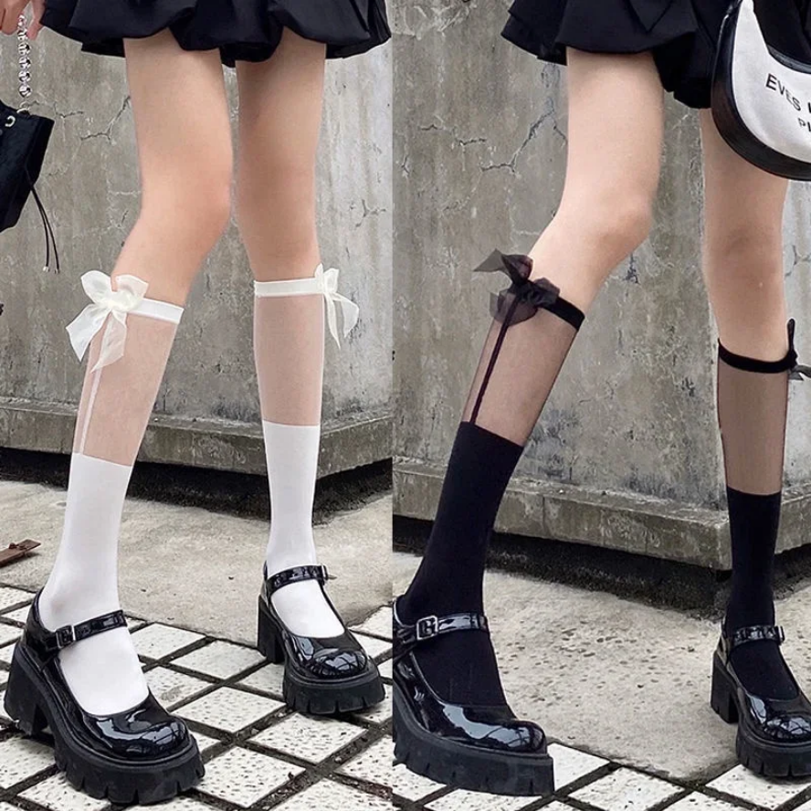 Transparent Spliced Calf Socks - Japanese JK Knee High Sexy Bow Lolita Socks