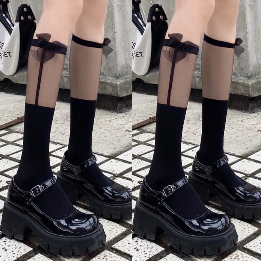 Transparent Spliced Calf Socks - Japanese JK Knee High Sexy Bow Lolita Socks
