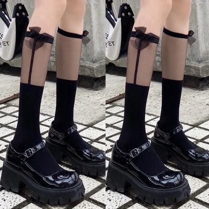 Transparent Spliced Calf Socks - Japanese JK Knee High Sexy Bow Lolita Socks
