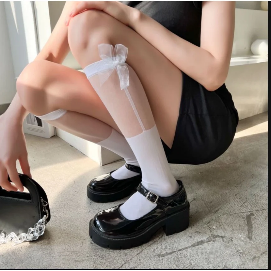 Transparent Spliced Calf Socks - Japanese JK Knee High Sexy Bow Lolita Socks