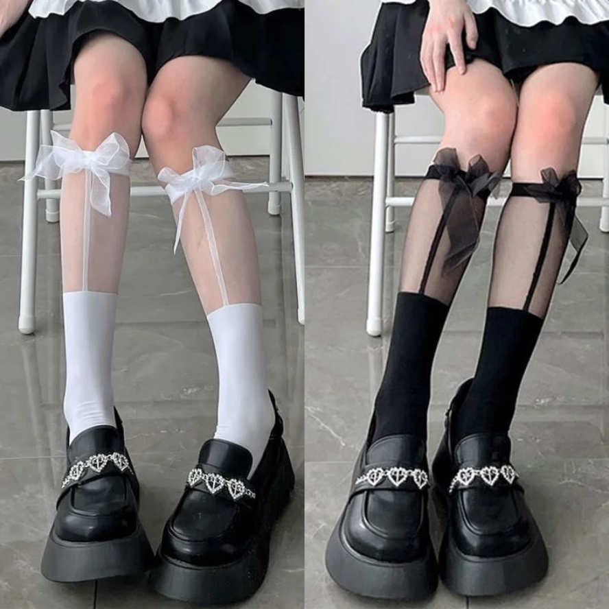 Transparent Spliced Calf Socks - Japanese JK Knee High Sexy Bow Lolita Socks