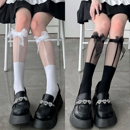 Transparent Spliced Calf Socks - Japanese JK Knee High Sexy Bow Lolita Socks