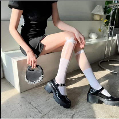 Transparent Spliced Calf Socks - Japanese JK Knee High Sexy Bow Lolita Socks