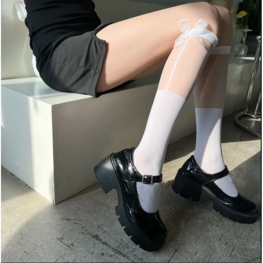Transparent Spliced Calf Socks - Japanese JK Knee High Sexy Bow Lolita Socks