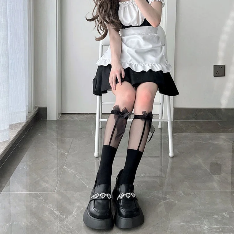 Transparent Spliced Calf Socks - Japanese JK Knee High Sexy Bow Lolita Socks