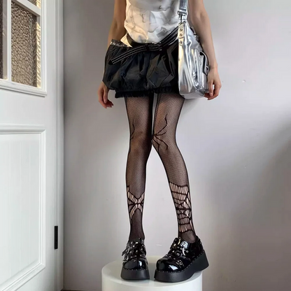 Gothic Black Spider Tights Long Fishnet Stockings for Women