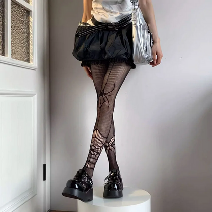 Gothic Black Spider Tights Long Fishnet Stockings for Women