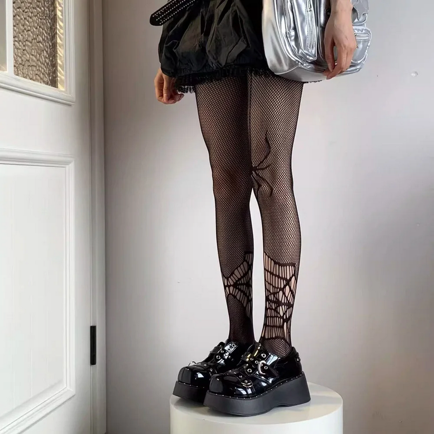 Gothic Black Spider Tights Long Fishnet Stockings for Women