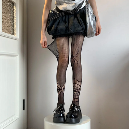 Gothic Black Spider Tights Long Fishnet Stockings for Women