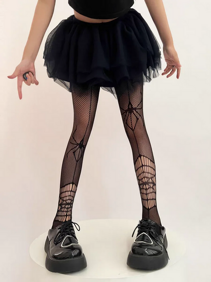 Gothic Black Spider Tights Long Fishnet Stockings for Women