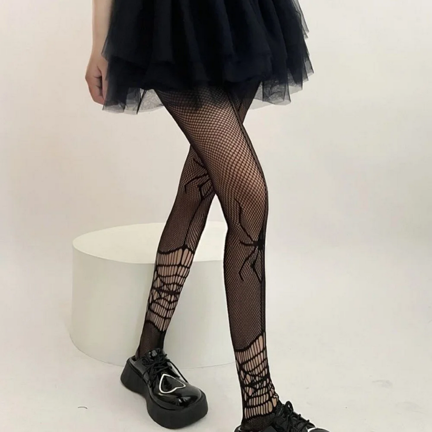 Gothic Black Spider Tights Long Fishnet Stockings for Women