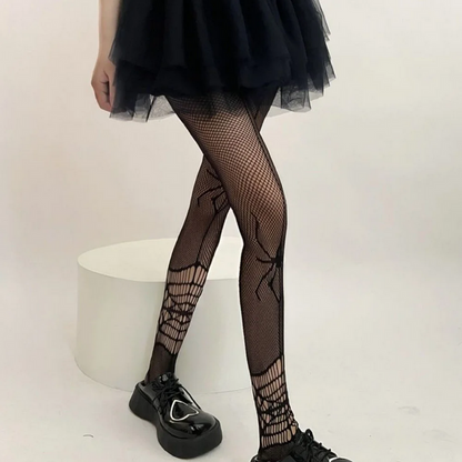 Gothic Black Spider Tights Long Fishnet Stockings for Women