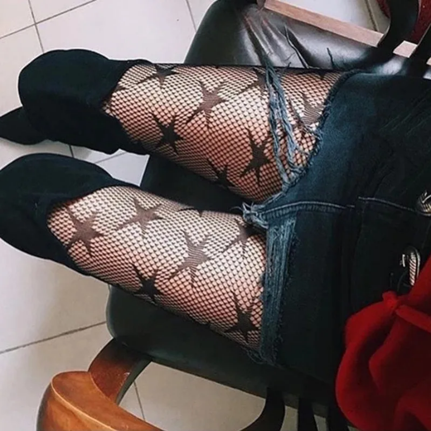 Cool Star Printed Fishnet Hollow Out Sexy Mesh Punk Pattern Pantyhose