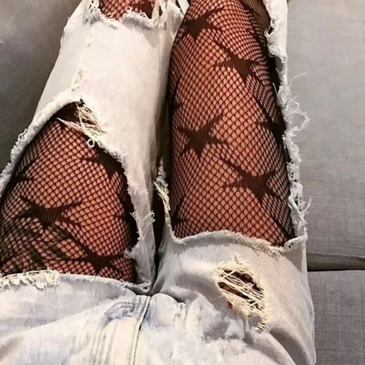 Cool Star Printed Fishnet Hollow Out Sexy Mesh Punk Pattern Pantyhose