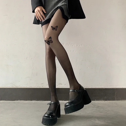 Sexy Black Butterfly Print Tights Women Pantyhose