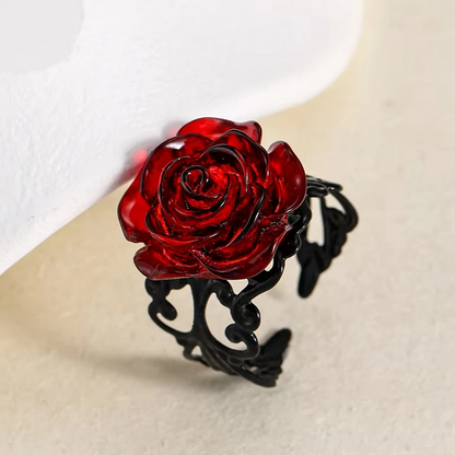 Punk Gothic Red Rose Ring Ornate Black Vine Statement Jewelry