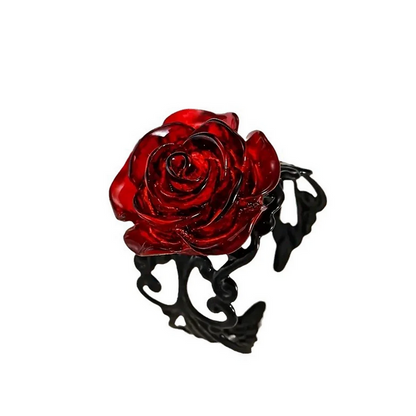 Punk Gothic Red Rose Ring Ornate Black Vine Statement Jewelry