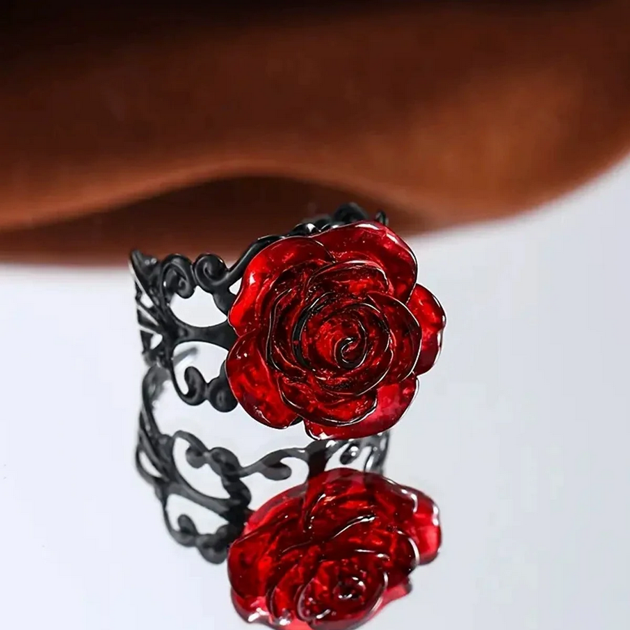 Punk Gothic Red Rose Ring Ornate Black Vine Statement Jewelry