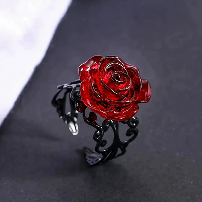 Punk Gothic Red Rose Ring Ornate Black Vine Statement Jewelry