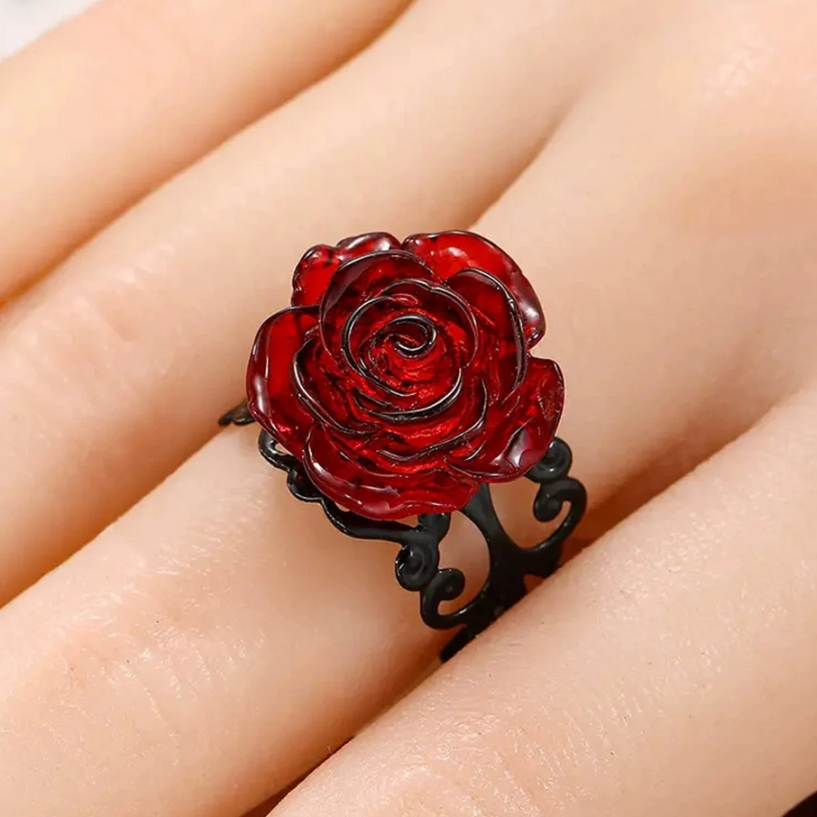 Punk Gothic Red Rose Ring Ornate Black Vine Statement Jewelry