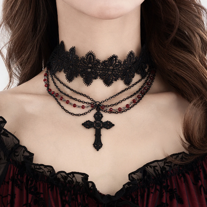Multilayer Black Lace Chain Necklace Gothic Statement Jewelry for Women
