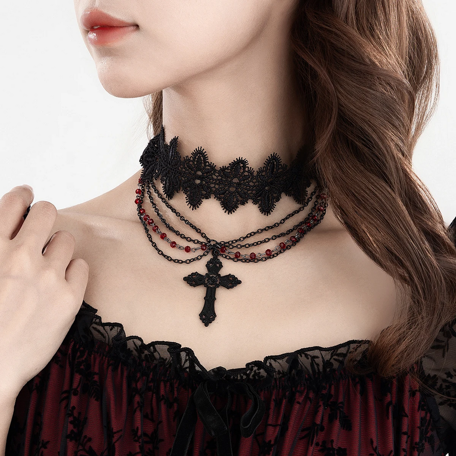 Multilayer Black Lace Chain Necklace Gothic Statement Jewelry for Women