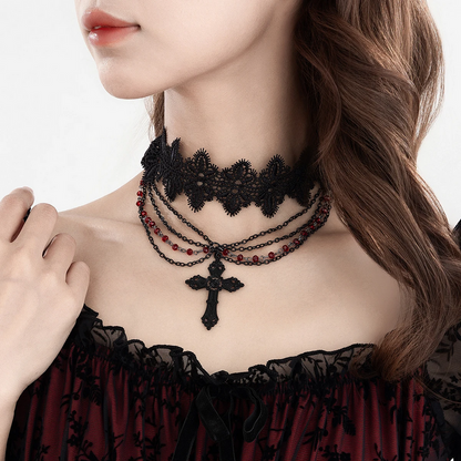 Multilayer Black Lace Chain Necklace Gothic Statement Jewelry for Women