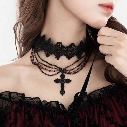 Multilayer Black Lace Chain Necklace Gothic Statement Jewelry for Women