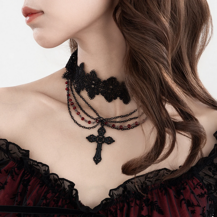 Multilayer Black Lace Chain Necklace Gothic Statement Jewelry for Women