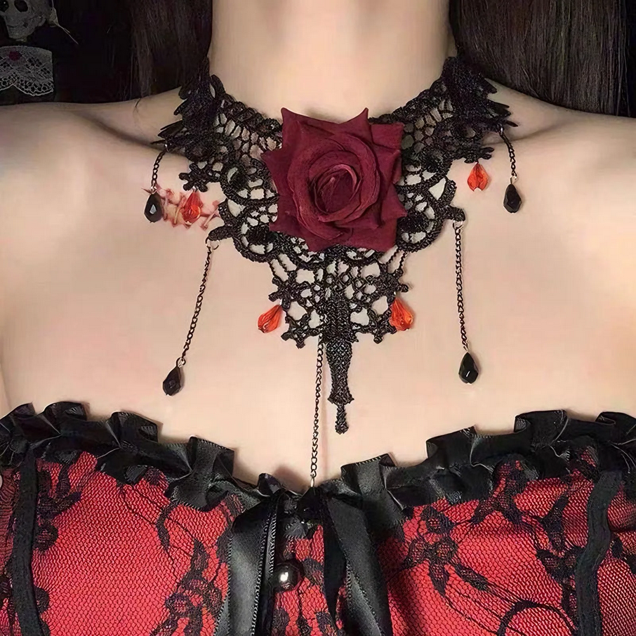 Sexy Black Lace Choker Necklace - Gothic Red Rose Flower Jewelry for Women