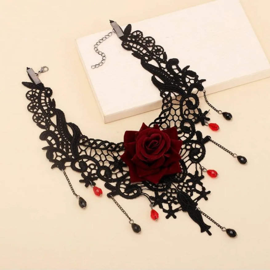 Sexy Black Lace Choker Necklace - Gothic Red Rose Flower Jewelry for Women